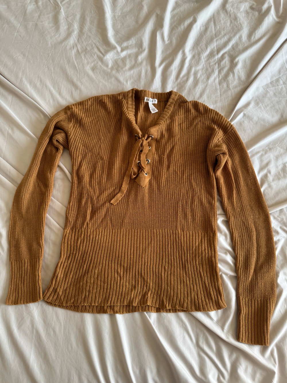 Women’s Lace-Up Ribbed Sweater in Camel